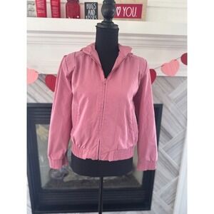 Vintage Pink Bomber Jacket Full Zip Hooded Shoulder Pads Cute‎ Casual size Small